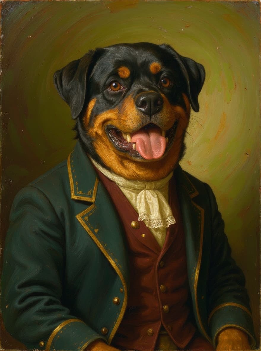An atelier-style oil portrait of a Rottweiler, the black-and-tan coat catching warm directional studio light, the broad skull set forward and the eyes alert