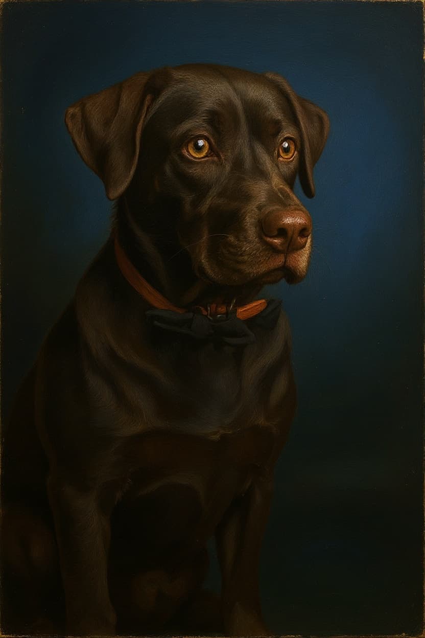 A pet portrait painted in the classical oil style by Maison Zola.