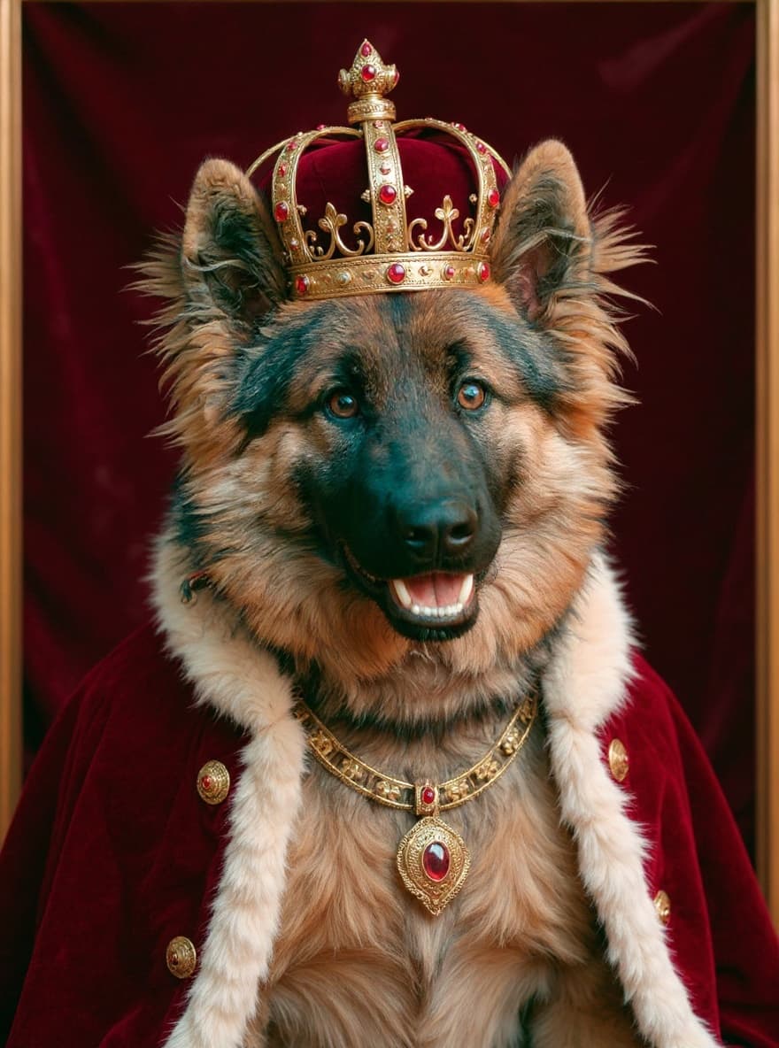 A regal sovereign-style portrait of a German Shepherd, used as a visual reference for an editorial on what AI pet portrait generators can and cannot produce