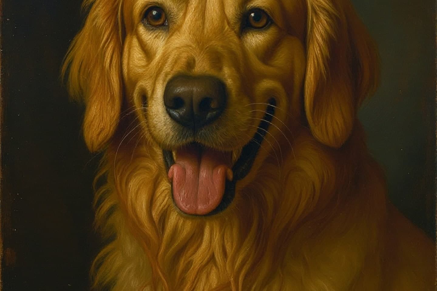 A warm studio still life with oil paint tubes, a fine brush resting on a wooden palette, and a framed dog portrait propped against a linen backdrop