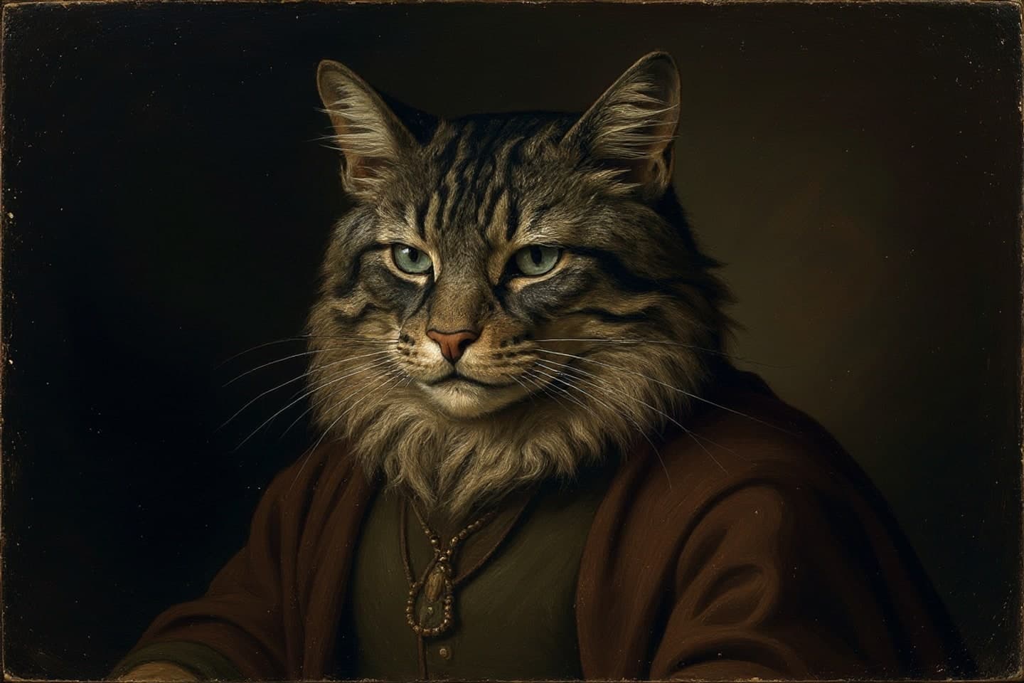 A still life of oil painting tools, a dark velvet backdrop, and a large tufted cat silhouette sketched on archival canvas in a studio setting