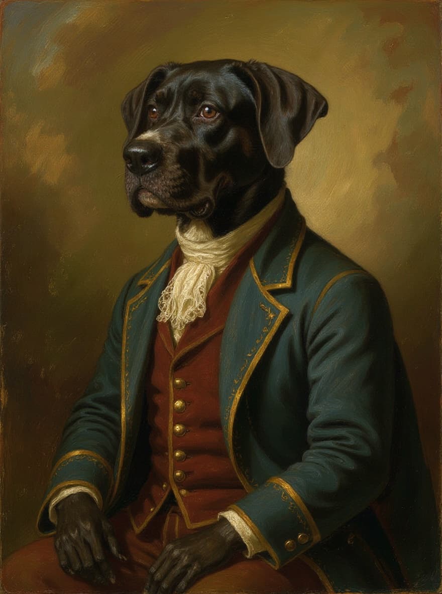 An atelier-style oil portrait of a Great Dane, the noble head and watchful eye rendered in the seventeenth-century Flemish register, opening a survey of breeds most suited to renaissance portraiture
