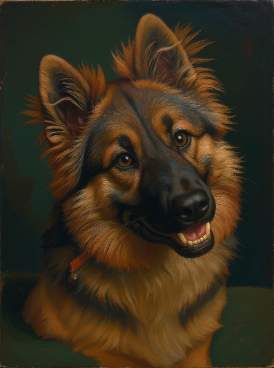An oil-style portrait of a German Shepherd, used as a visual reference for an editorial post comparing pet portrait services