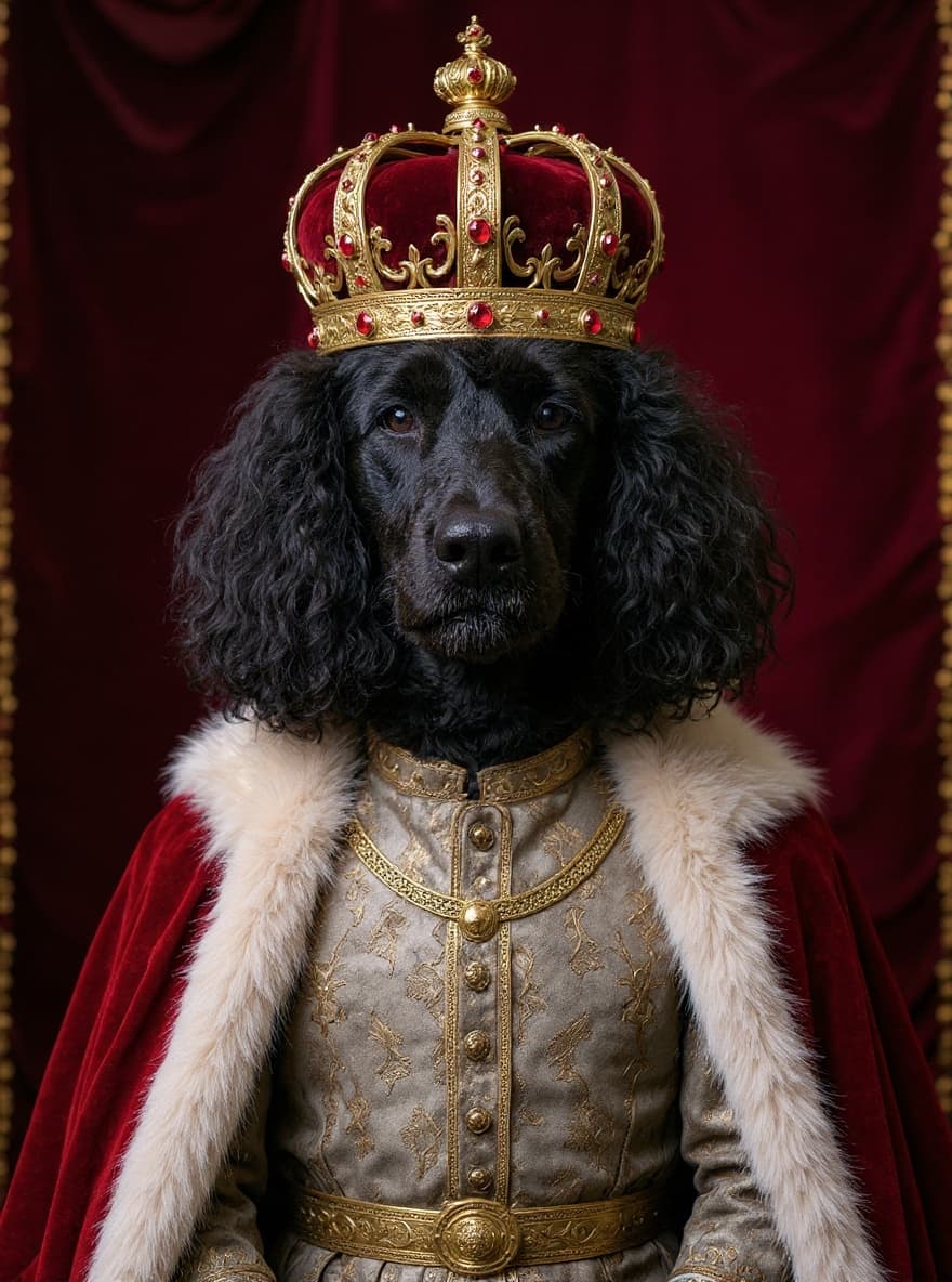 A royal-style portrait of a Standard Poodle, used as a visual reference for an editorial post about choosing between studio portrait styles